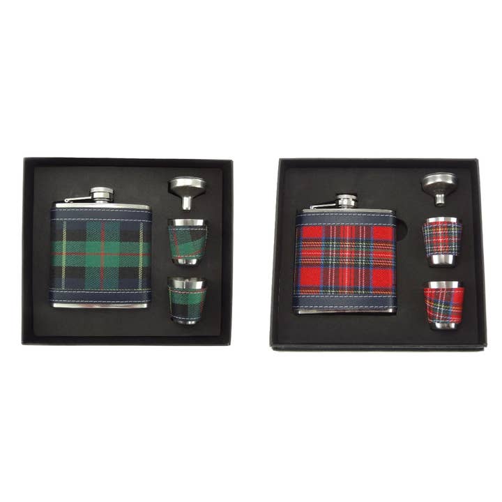 6oz Scottish Tartan Hip Flask Gift Set - Boxed for wholesale by Dublin Gift Company