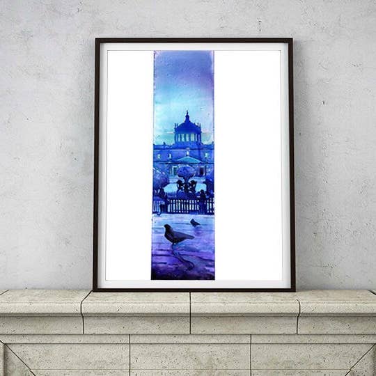 Ryan Fox Fine Art - Wholesale Art Print - Guadalajara Mexico plaza with pigeons. Fine art watercolor church artwork Guadalajara Mexico painting (print)