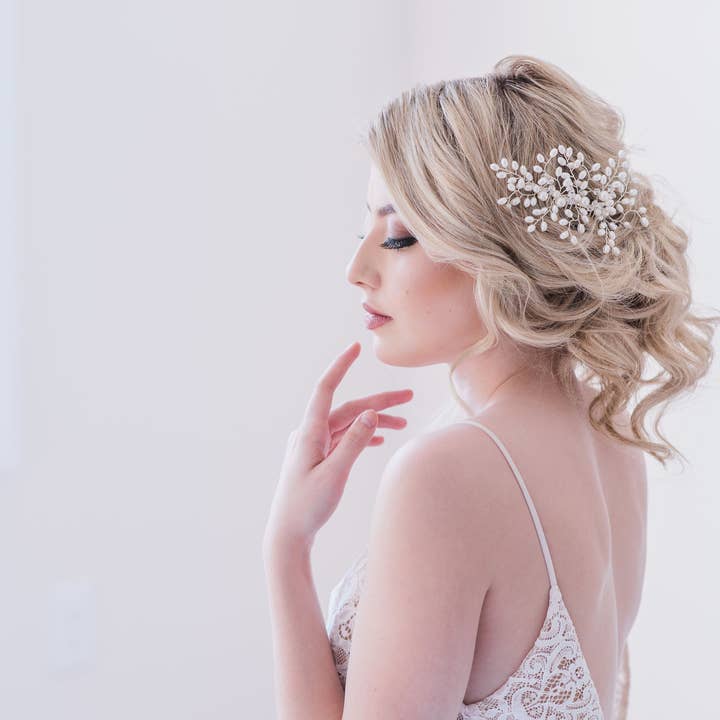 Helena Silver Plated Bridal Hair Clip with Swarovski Pearls for wholesale by Sugarcane & Co.