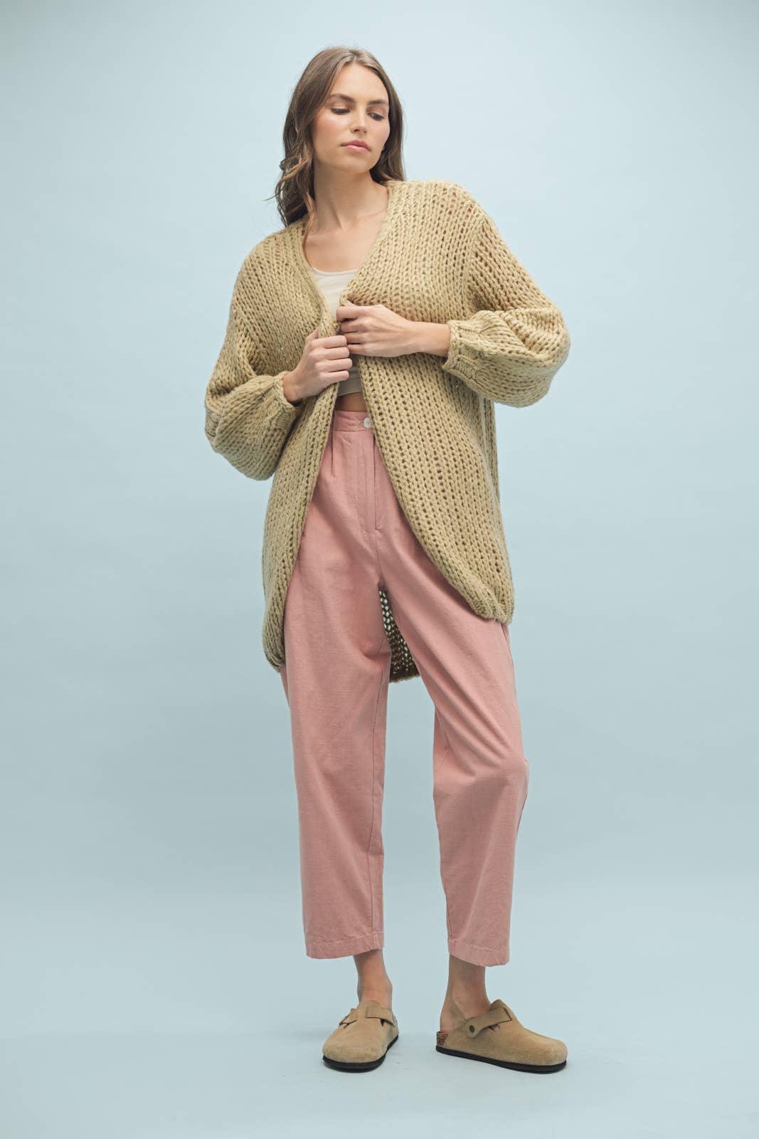 TAUPE OPEN-KNIT CHUNKY SWEATER CARDIGAN / WL25-10382 for wholesale on Faire1