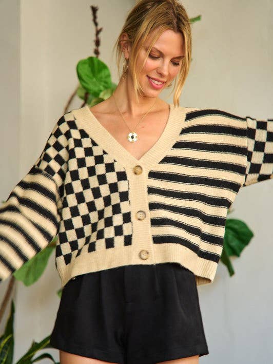 Contrast pattern sweater cardigan for wholesale by The Steven Wick Company