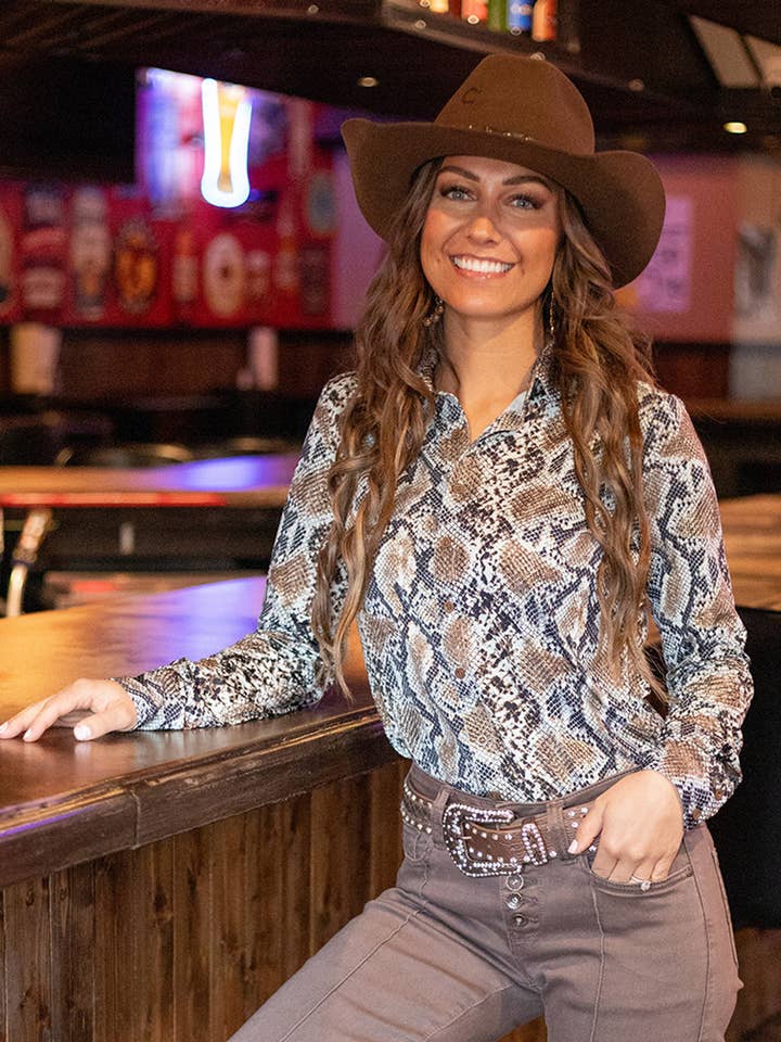 Pullover Button Up Dusty Blue Snake Print Stretch Jersey for wholesale by Cowgirl Tuff Co. / B. Tuff Jeans