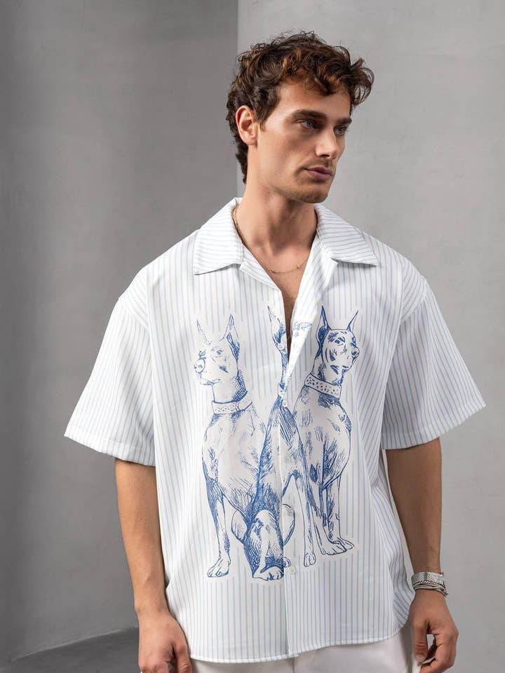 Artistic Dog Print Oversized Summer Shirt – Blue Striped for wholesale by PremiumDenim