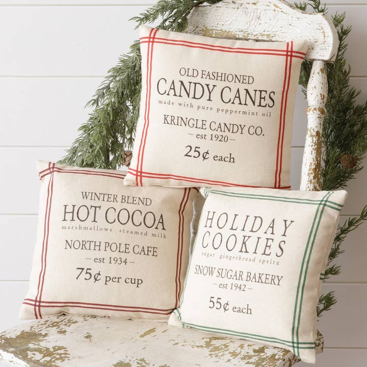 Audrey's Home & Gift - Wholesale Throw/Decorative Pillow - Grain Sack Pillows - Hot Cocoa, Candy Canes, Cookies0