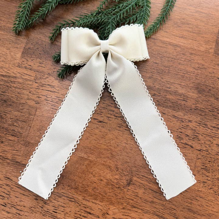 Ivory w/Ivory Moonstitch Bows 5 inch Bows for wholesale by Carolina Girl Bowtique
