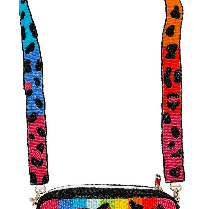MULTI COLOR ANIMAL PRINT DOUBLE SIDE BEADED CROSS BODY BAG for wholesale by Pizzazz, Inc.