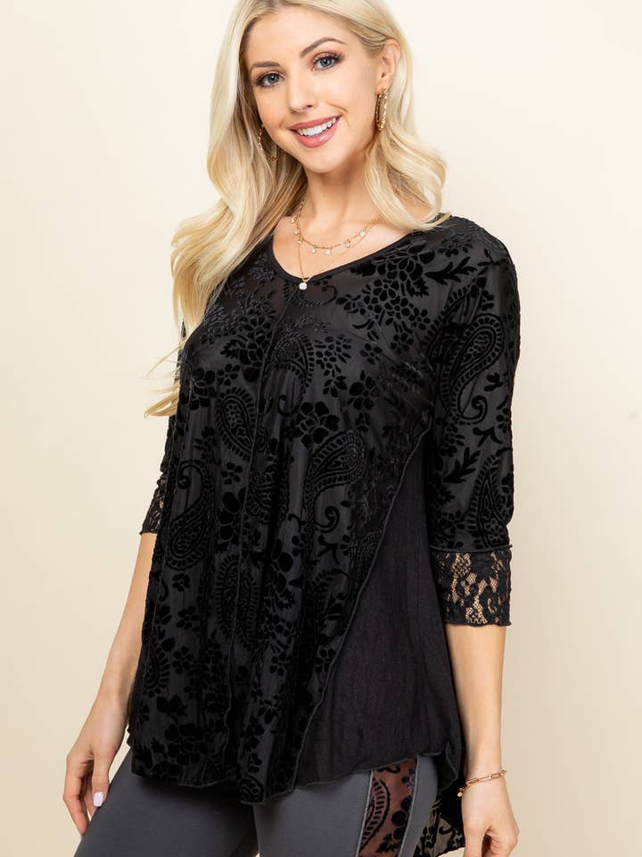 Velvet Patchwork Tunic Top – Boho Paisley 3/4 Sleeve Blouse | Made in USA for wholesale by Kooniez