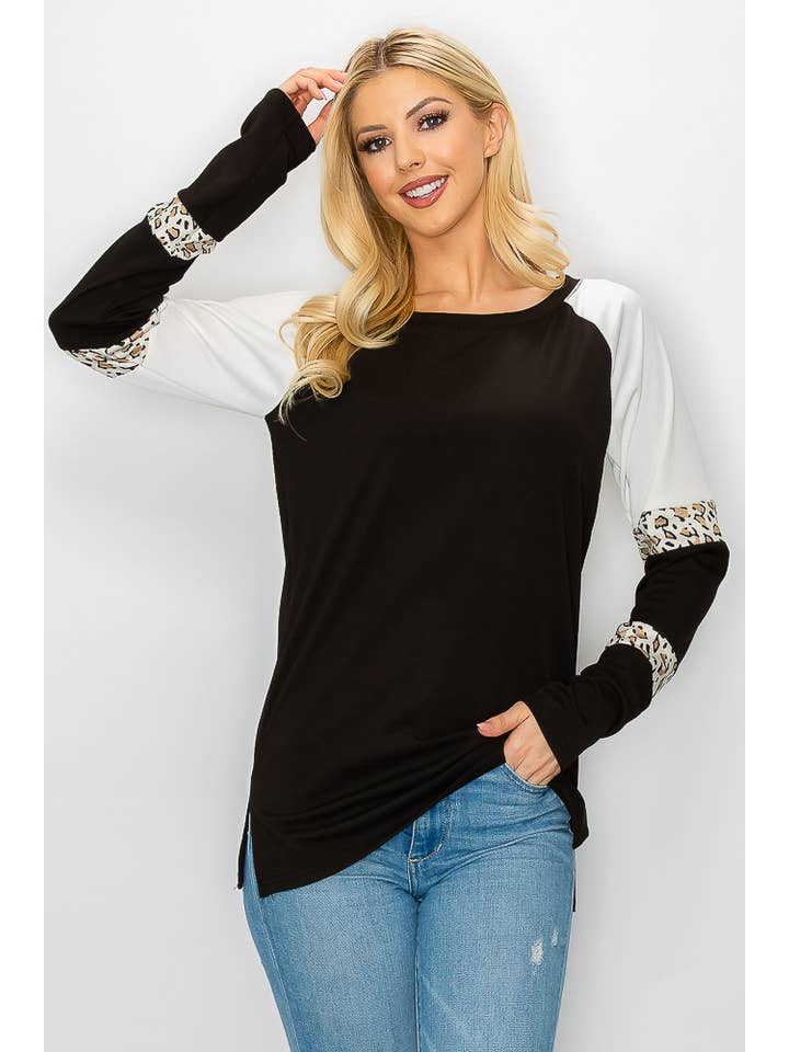 ePretty - Wholesale Tunic - Women's - G4-TP2153 Ribbed Leopard Color Block Long Sleeve Top24