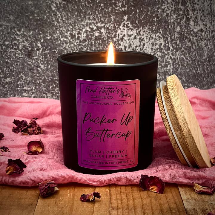 Pucker Up Buttercup Scented Candle | Plum & Cherry | Flirty for wholesale by Mad Hatter’s Candle Co.