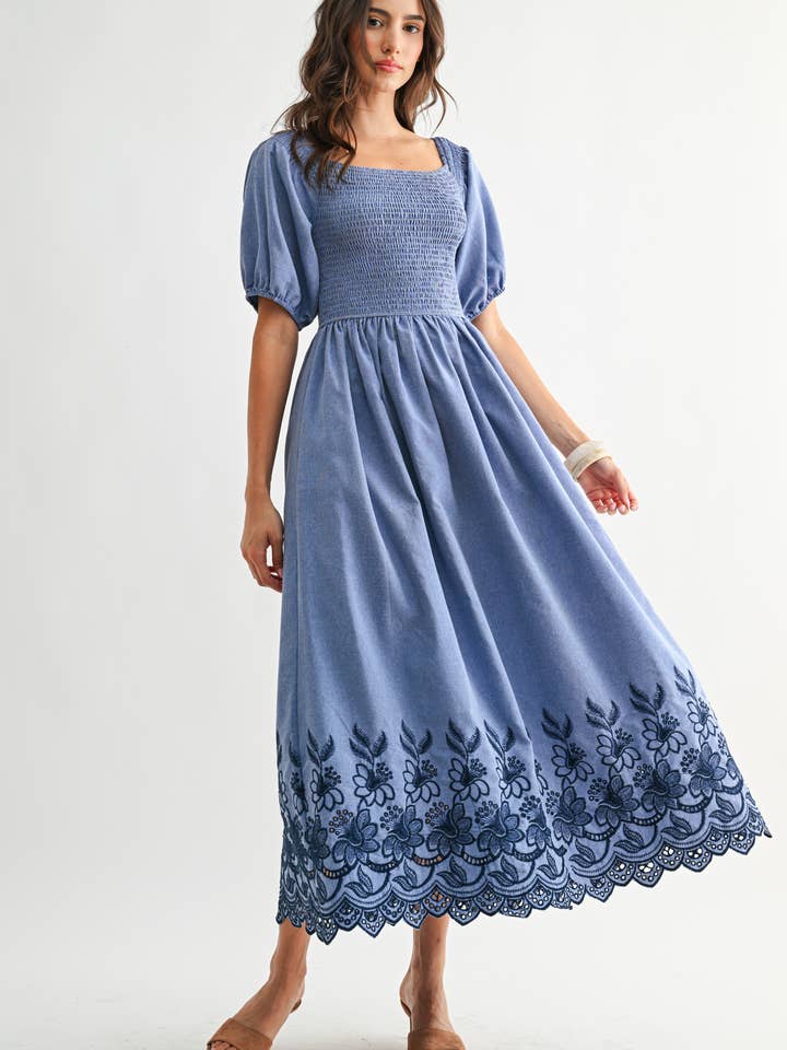 CJD26744 BLUE BLOSSOM SMOCKED MAXI DRESS for wholesale by Camellia