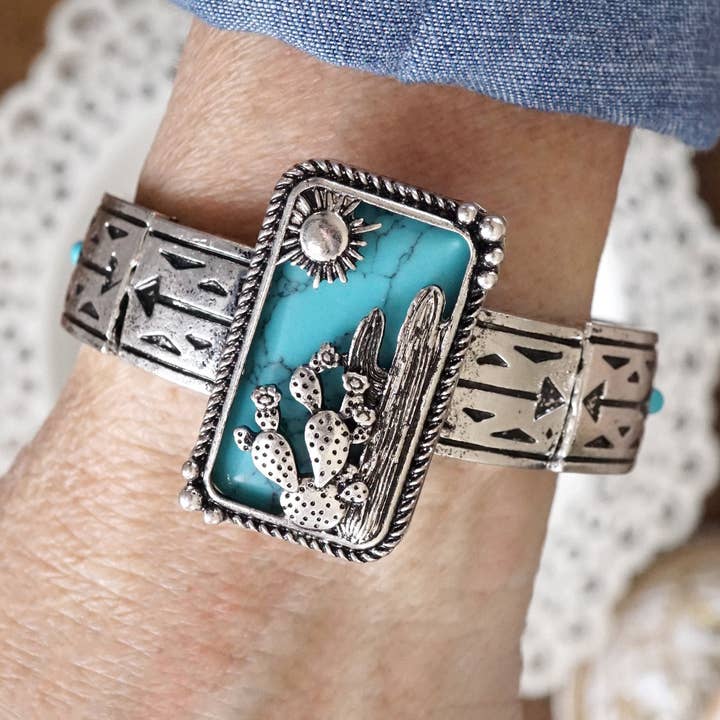 Western Cowgirl Cactus Statement Bangle Bracelet – Silver & Turquoise for wholesale by PennyLine inc
