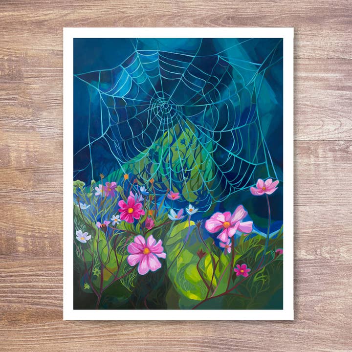 Spiderweb And Cosmos Flowers Art Print for wholesale by Marigold Art Studios