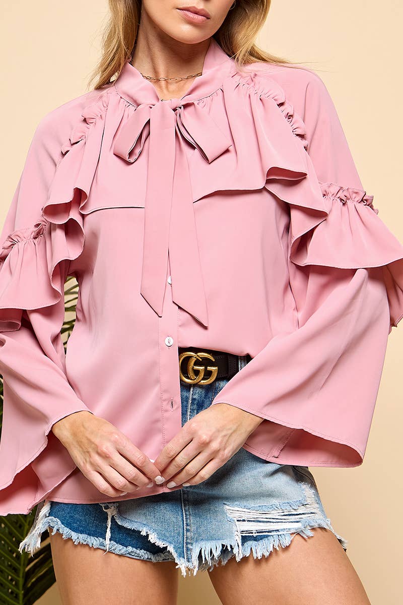 Nackt Rosa Langärmelige Bluse mit Lagen, ausgestellten Ärmeln und Schleifenkragen für den Großhandel auf Faire1