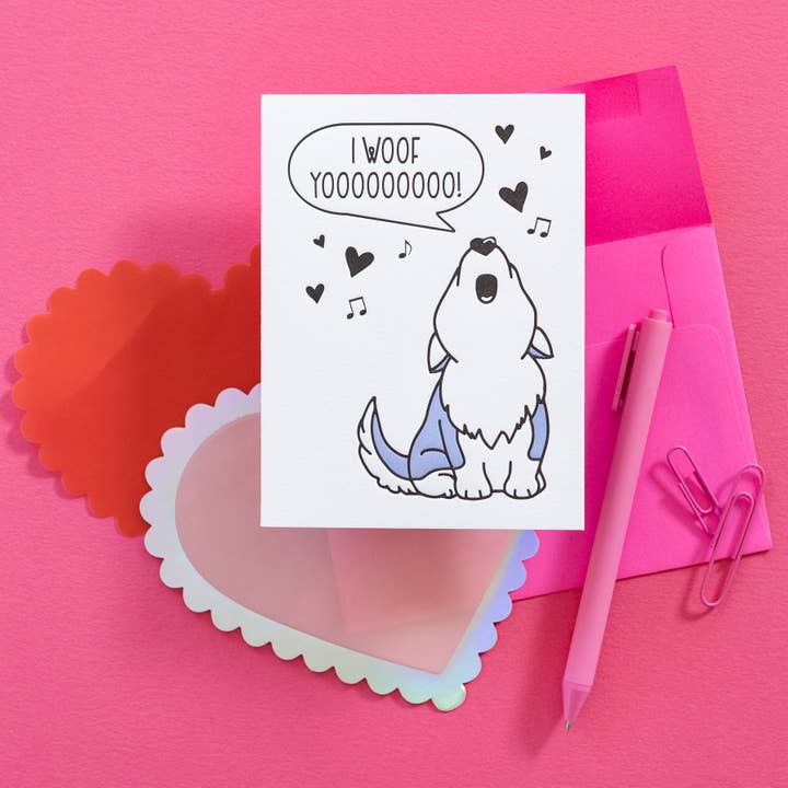 Kiss and Punch - Vendita all'ingrosso Biglietti per San Valentino - Biglietto di San Valentino con cane husky ululante divertente in stampa tipografica.