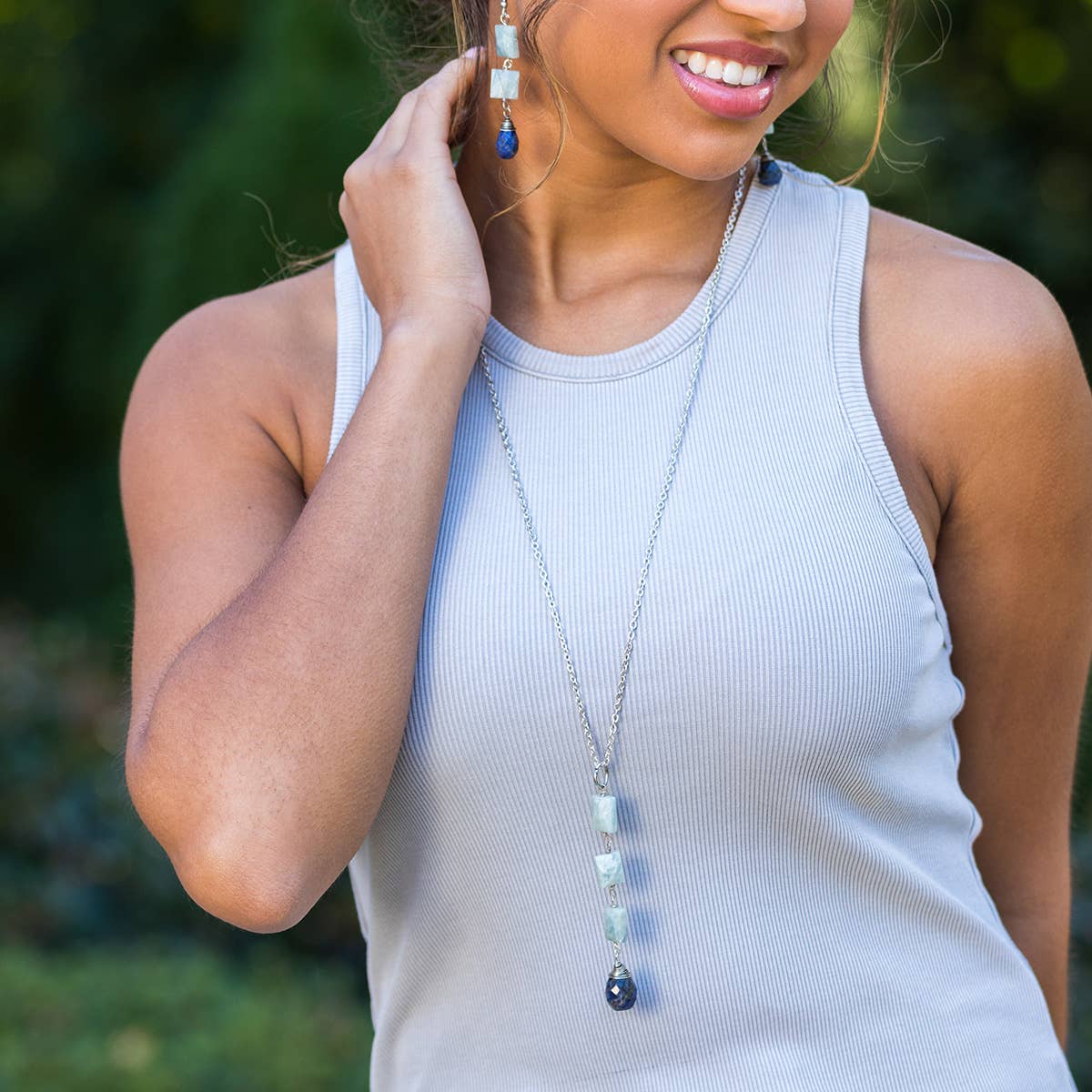 Anju Jewelry - Wholesale Halskettinghanger - Antieke Zilveren Amazoniet & Lapis Drop Ketting1