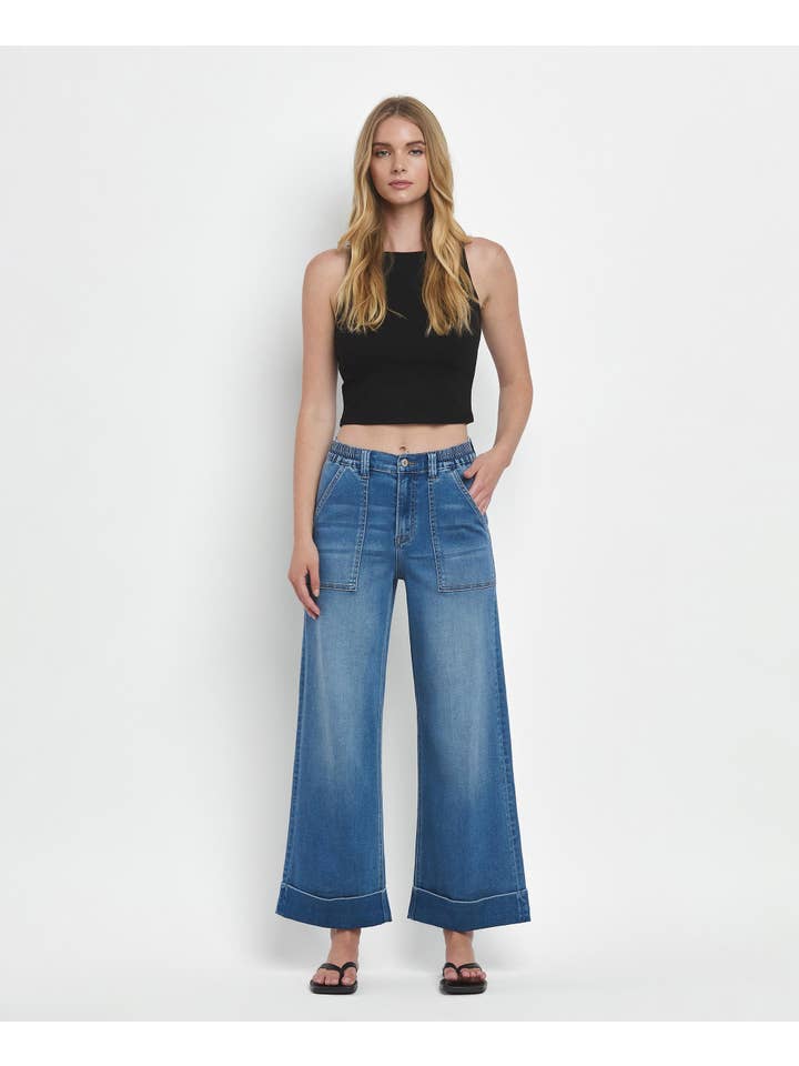 ENVIABLY HIGH RISE DOUBLE CUFFED BAGGY WIDE JEANS V3589 for wholesale on Faire