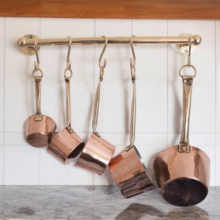 Moroccantastics - Wholesale Kitchen Storage/Organizer - Unlacquered Brass Pot Rail with Hooks - Elegant Kitchen Pot Rack & Hangers