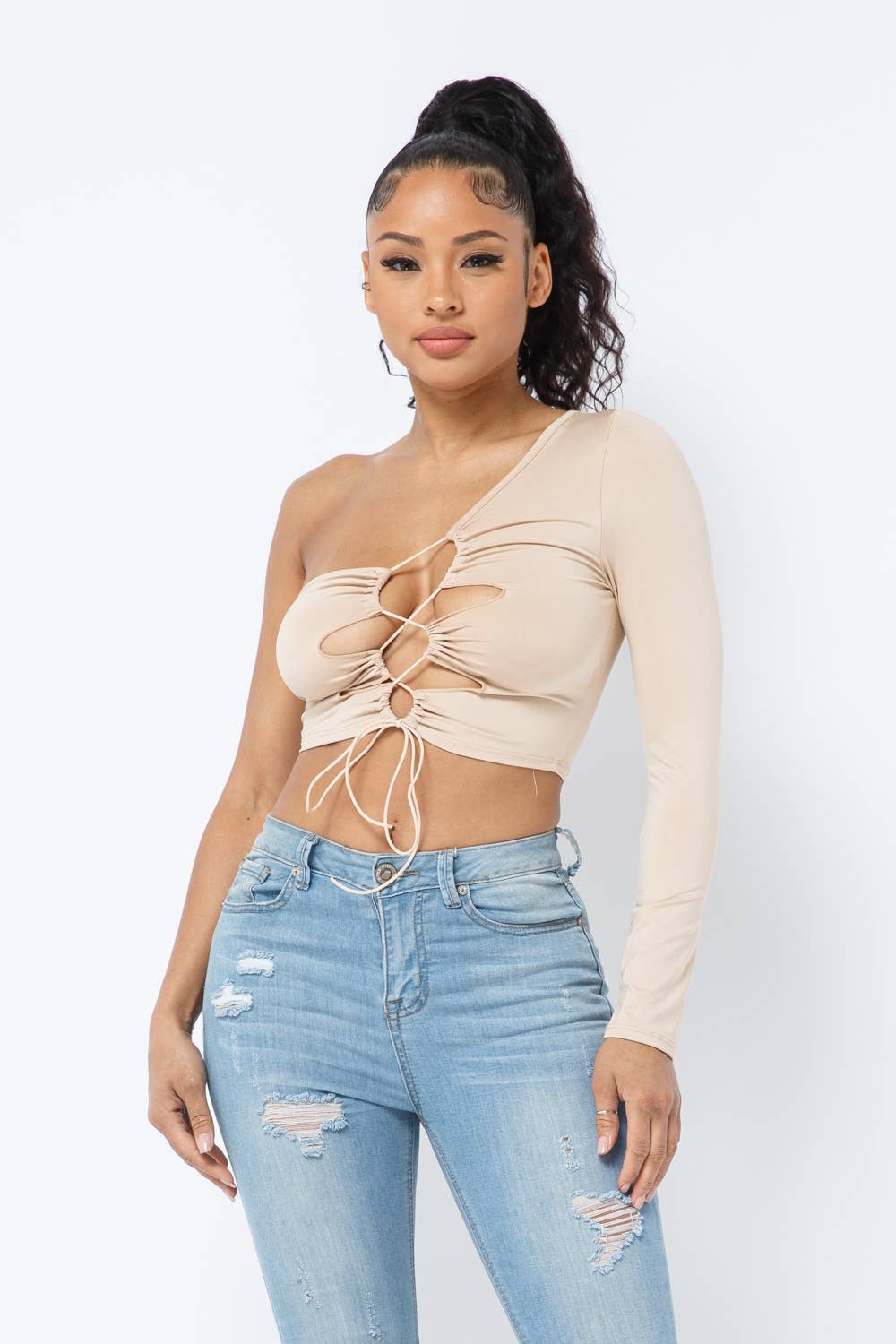 Julia by LoveJ - Wholesale Knit Top - Women's - Yoga Fabric One Shoulder Front Open Tie Crop Top14