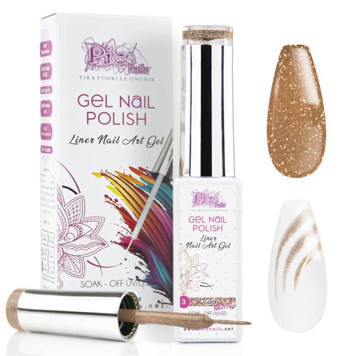 Pics Nails - Wholesale Nail Polish - Semi-Permanent Nail Art Liner Gel UV/LED Nail Polish 10 ml - Gold Glitter 3