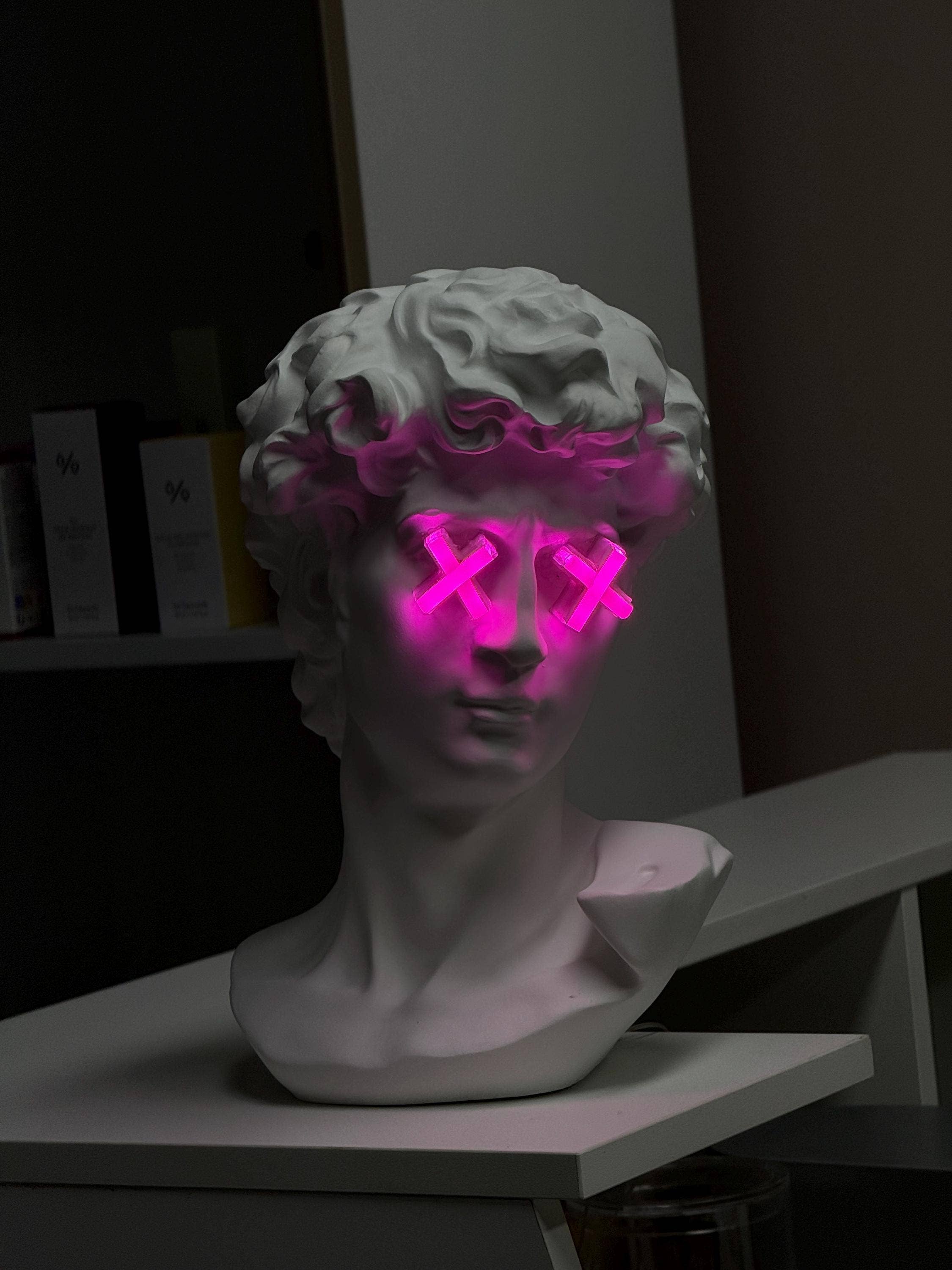 CityNeon - Wholesale Accent/Desk Lamp - Custom Neon Bust Lamp – Michelangelo David Face with Pink LED Eyes – Unique Nightstand Art Decor - Limited Edition6