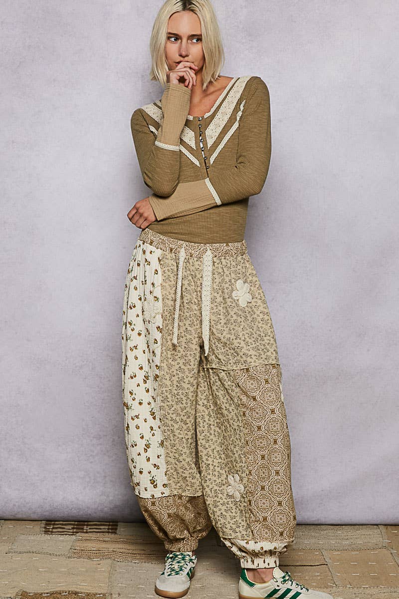 Pol Clothing - Wholesale Pants - Women's - Crochet patch detail contrast patchwork printed woven pants33