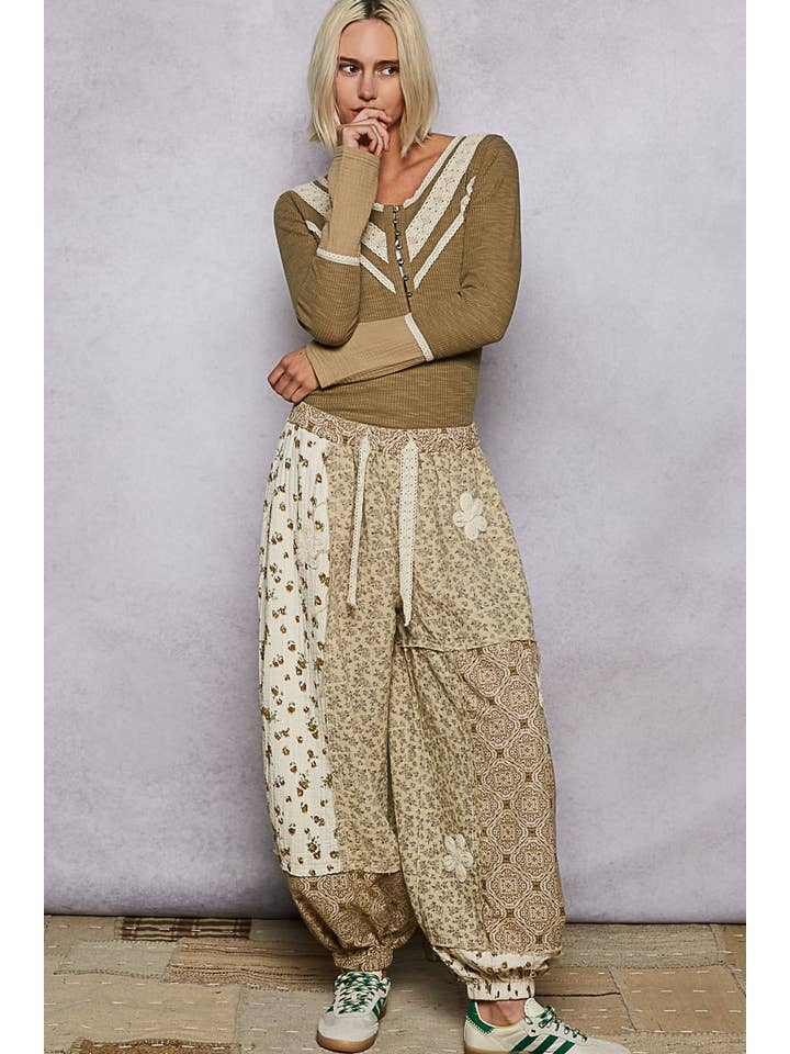 Pol Clothing - Wholesale Pants - Women's - Crochet patch detail contrast patchwork printed woven pants33