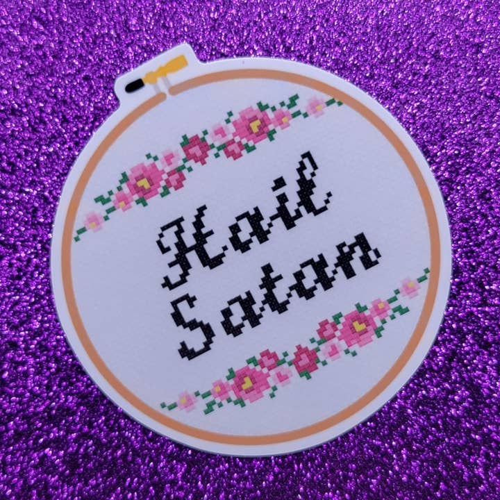 Hail Satan Cross Stitch Sticker 3"x3" for wholesale by Printy Vibes