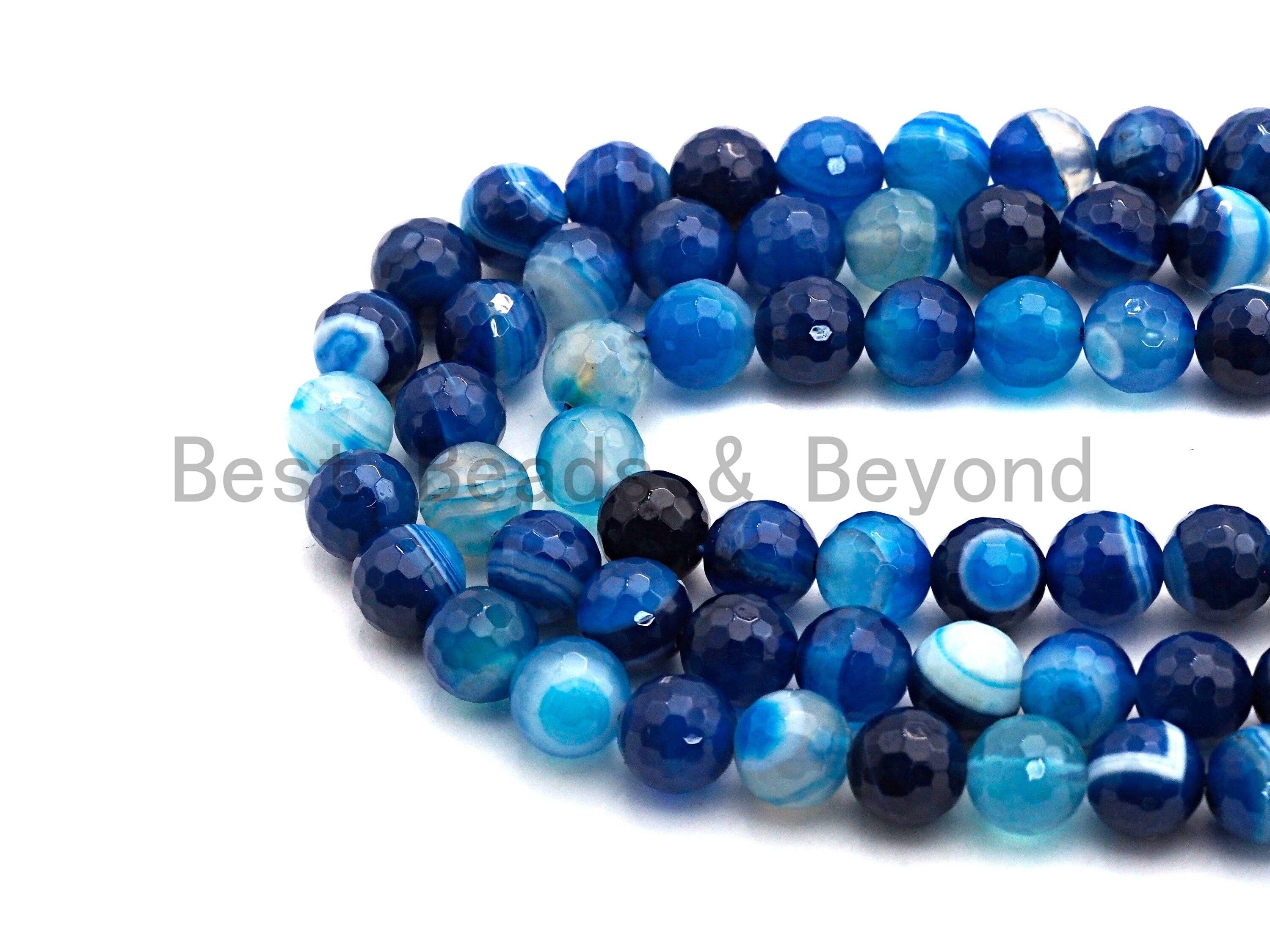 BestBeads&Beyond - Wholesale Beads - High Quality Faceted Blue Banded Agate beads, 6mm/8mm/10mm/12mm, Blue Agate Gemstone beads, Natural Agate Beads, 15.5inch strand, SKU#U4452