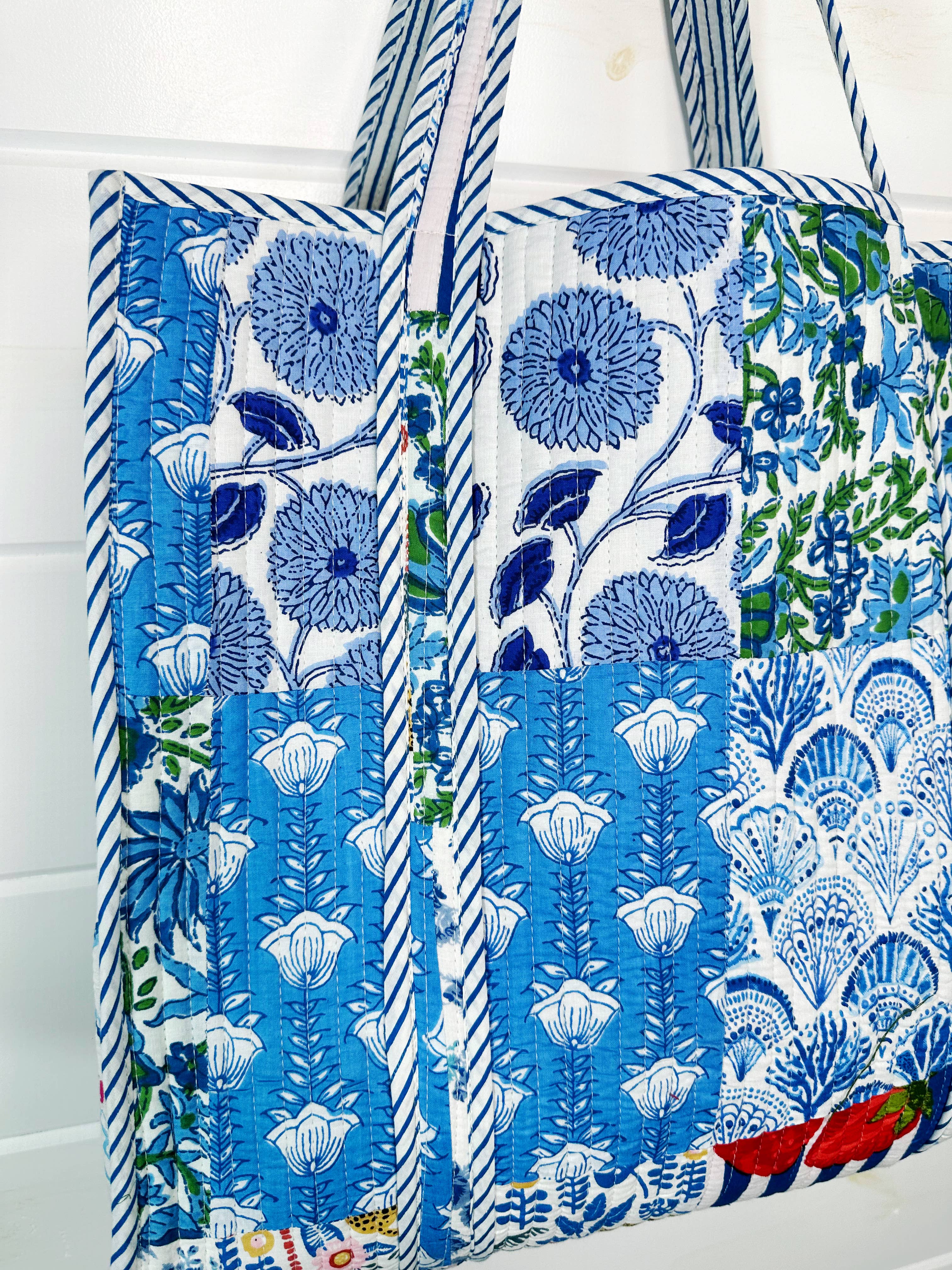 Folklore Couture - Wholesale Tote Bag - Women's - Large Quilted Tote - Handmade, Reversible - Blue Patchwork3