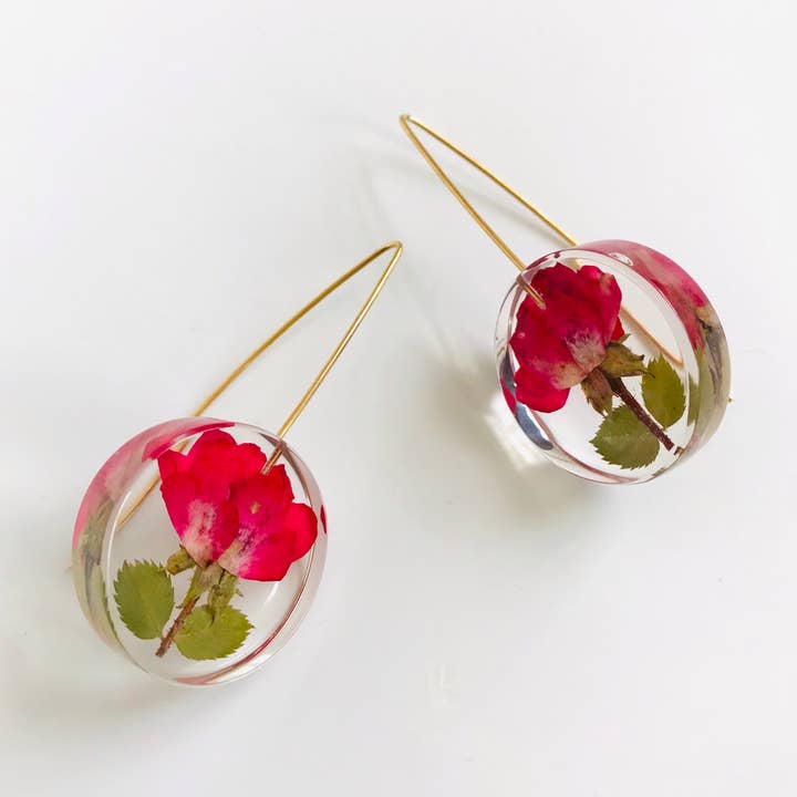 Botanical Resin Small Full-Moon Rose Bud Earrings for wholesale by Belart Fair Trade