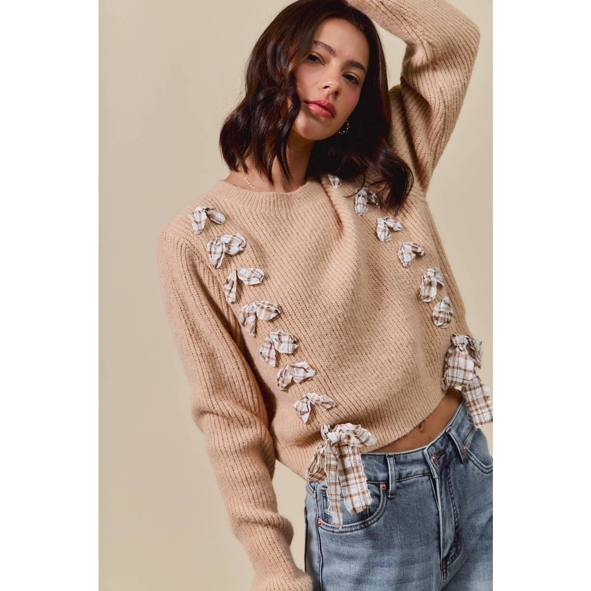 IVE - Wholesale Knit Sweater - Women's - Checkered Plaid Tape Lace Up Sweater Top1