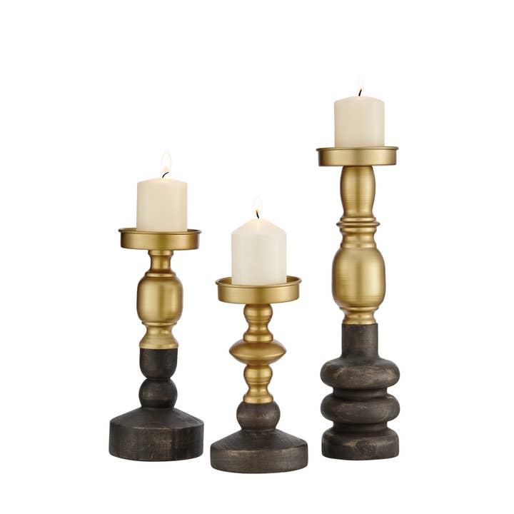Danya B - Wholesale Candle holder - Nara Brass Wood Candlestick Pillar Candle Holders Set of 35
