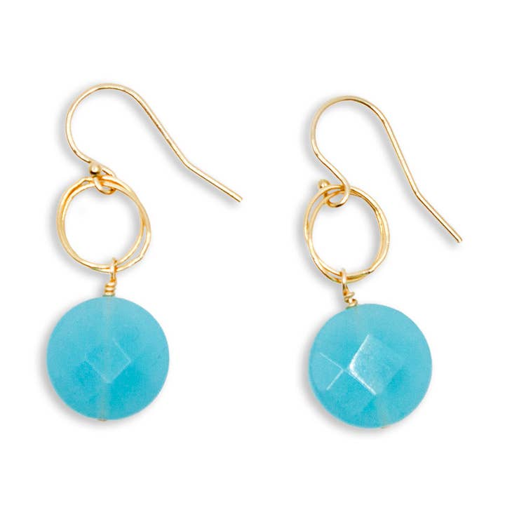 Aqua Blue Ocean Quartz Boucles d'oreilles pendantes cercle argent ou or pour la vente par Stefanie Wolf Designs