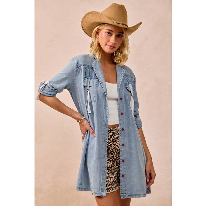 IVE - Wholesale Button Down Shirt - Women's - Washed Denim Roll Up Button Long Long Shirt