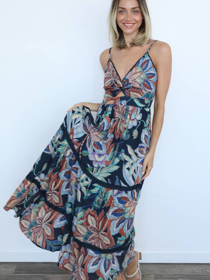 F4F48-FQ60 V NECK TWIST FRONT CUT OUT MAXI DRESS for wholesale by ANGIE