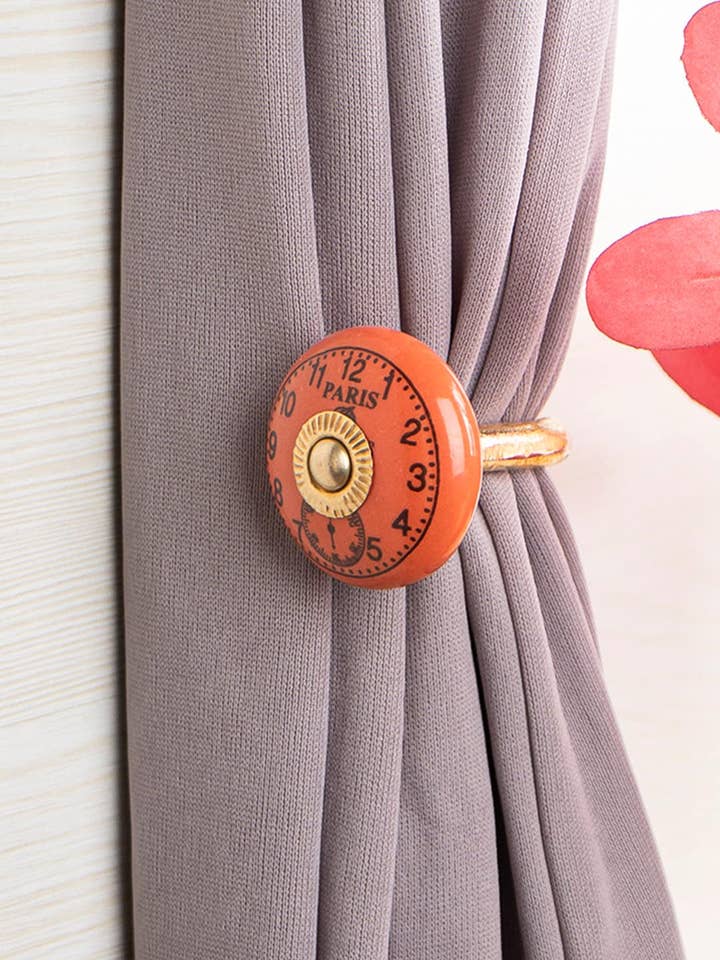 Paris Clock Pattern on Orange Hand painted Decorative Ceramic Curtain Tie Back Hook Antique Hook (Set of 2) for wholesale by KNOBCO