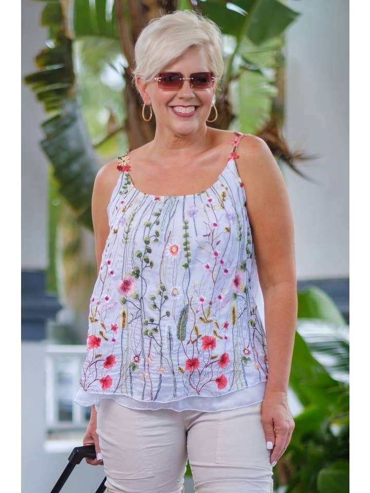 TINA Stephens Italy/Tees By Tina - Wholesale Camisole - Women's - Maria Silk Embroidered Garden Cami (BT202)