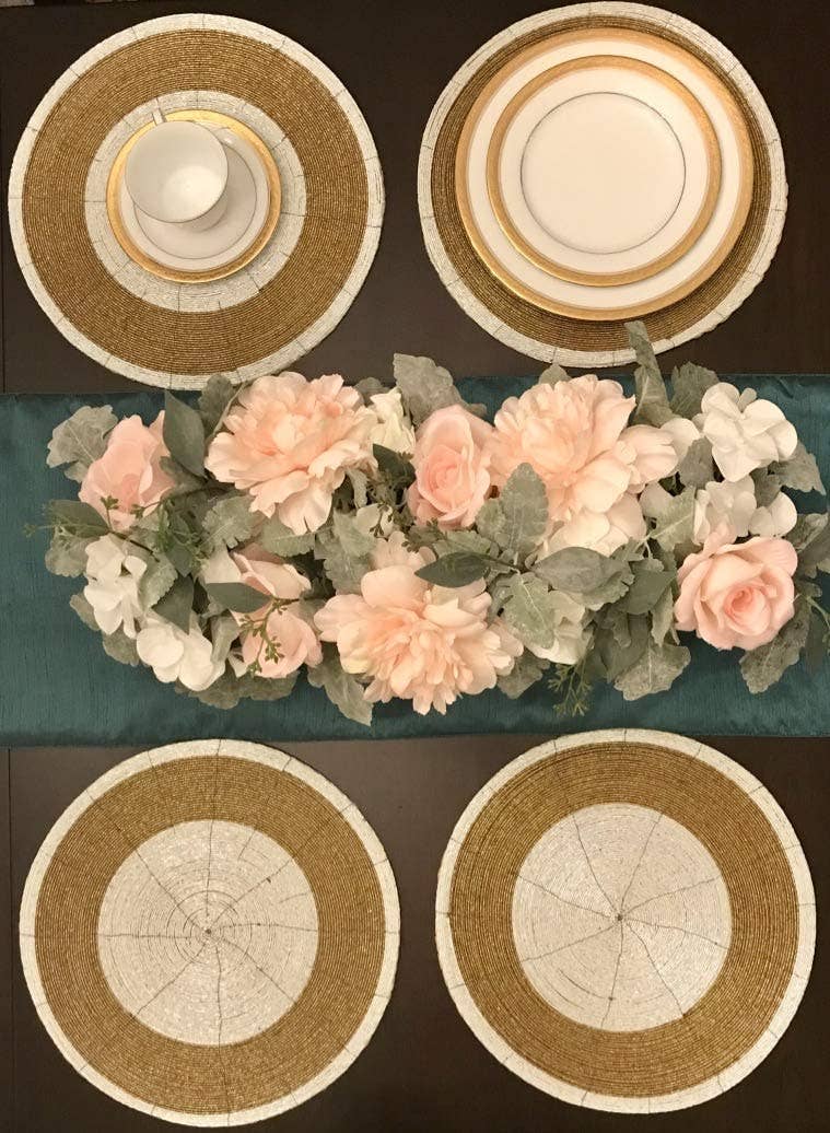 White Gold Handmade Beaded Placemats Round Dining Set of 4 for wholesale on Faire8
