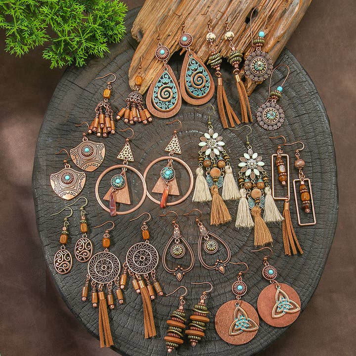 Pendientes geométricos de aleación, elegantes pendientes colgantes bohemios de madera para venta al por mayor de Halcyon Outfitters®