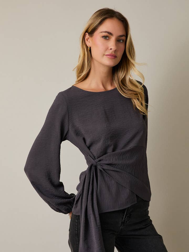 CHARCOAL ROUND NECK LONG SLEEVE WASIT TIE TOP for wholesale on Faire0