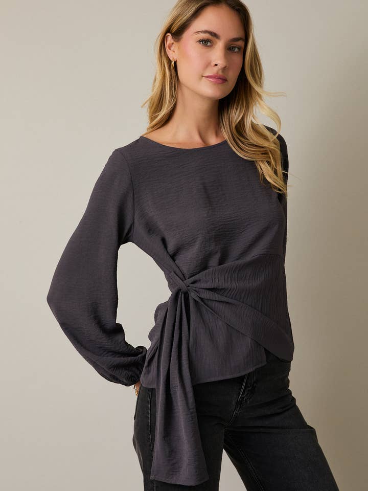 ROUND NECK LONG SLEEVE WASIT TIE TOP for wholesale by GILLI