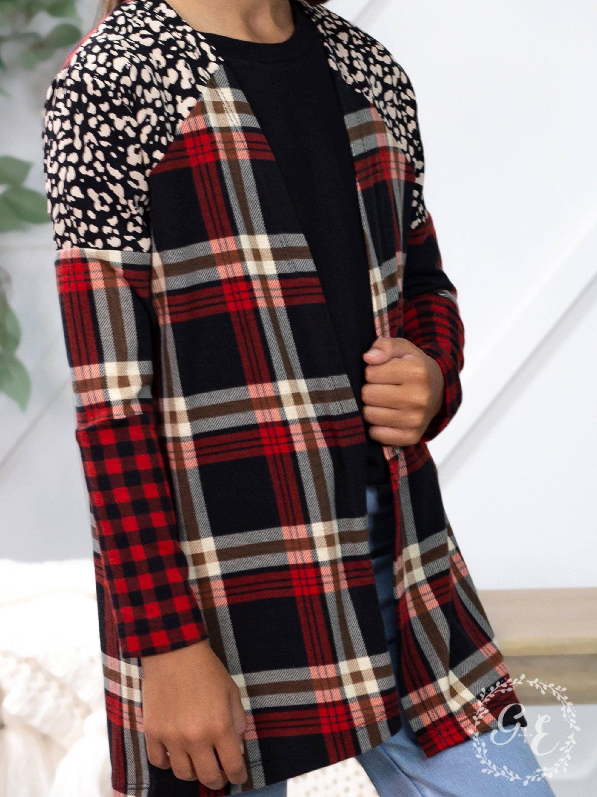 Mix Pattern Girls' Southern Twang Long Sleeve Cardigan, Red Plaid for wholesale on Faire1