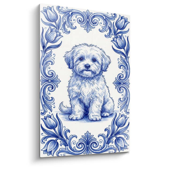 Cuadro Cachorro Bichón en Marco de Motivos Azules - Encanto Porcelana - Edición Bichón Maltés para venta al por mayor de Walensky