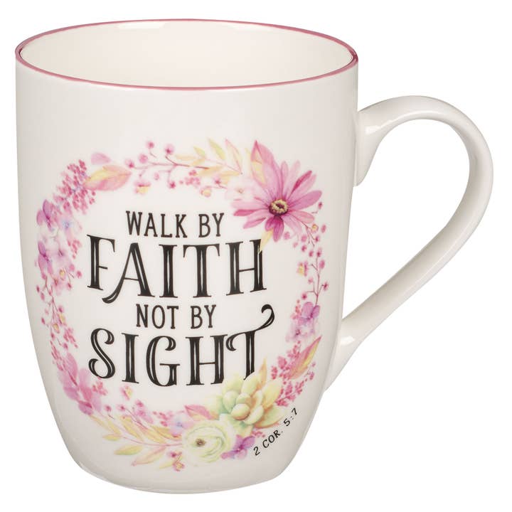 Mug Pink Wreath Walk de Faith 2 Cor. 5:7 pour la vente par Christian Art Gifts