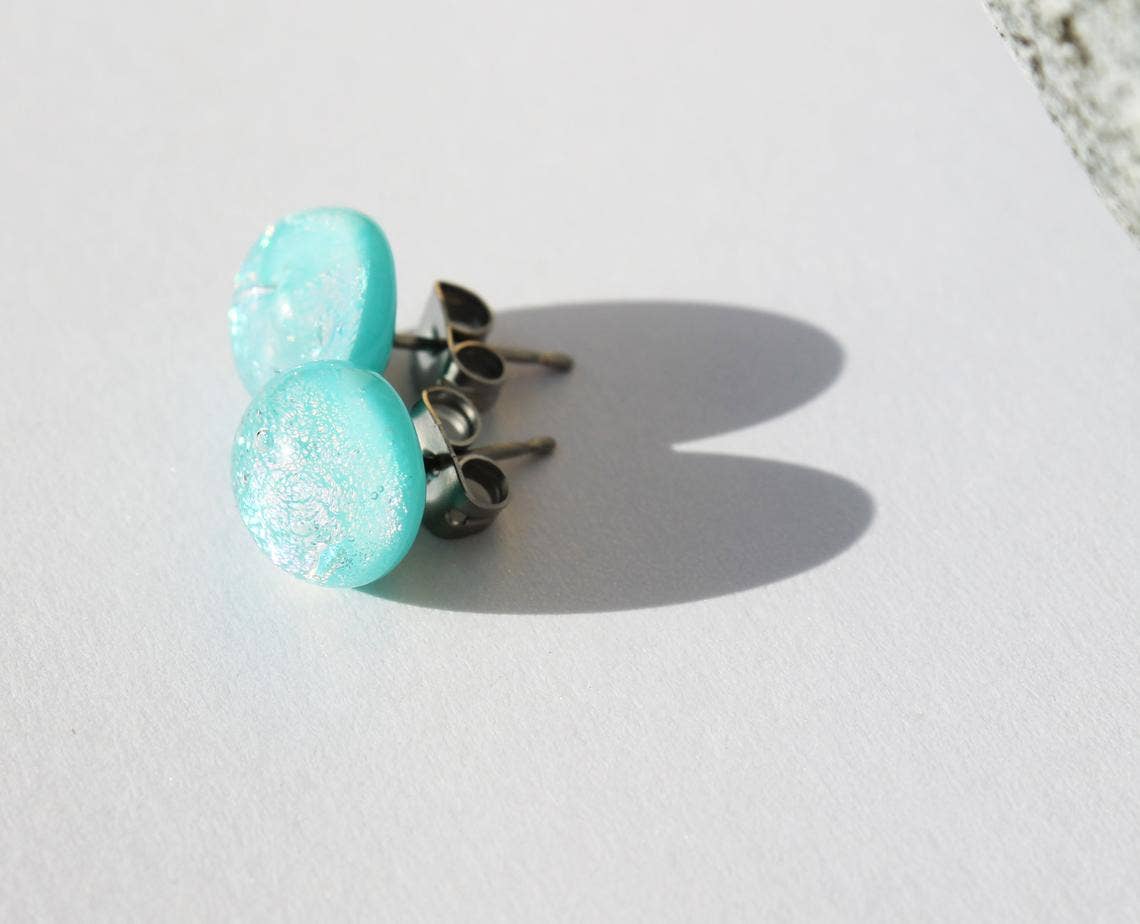 Flame Work Designs - Glass Jewelry - Wholesale Stud/Post Earrings - Dichroic Glass Studs - Light Blue - 9mm2