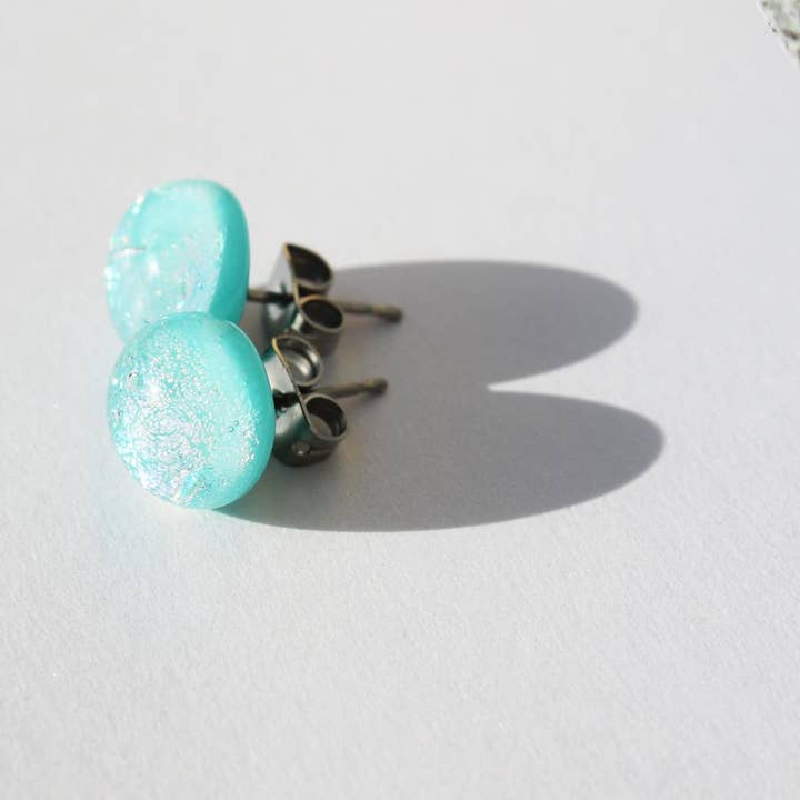 Flame Work Designs - Glass Jewelry - Wholesale Stud/Post Earrings - Dichroic Glass Studs - Light Blue - 9mm2
