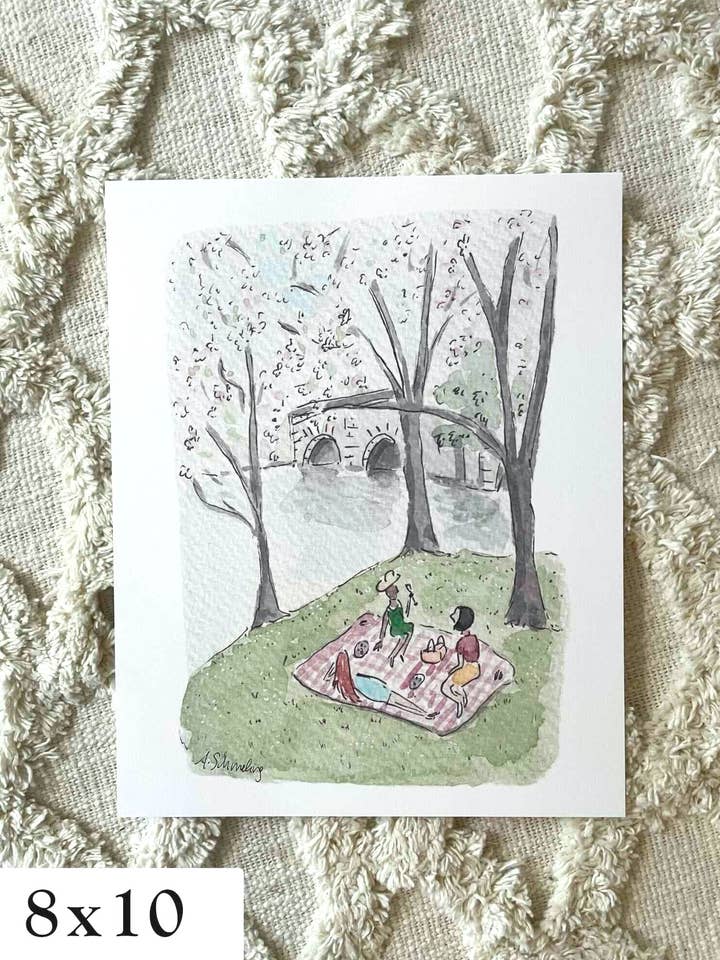 Picnic under the Cherry Blossoms Watercolor Print for wholesale by Alexandra Schmeling Fine Art