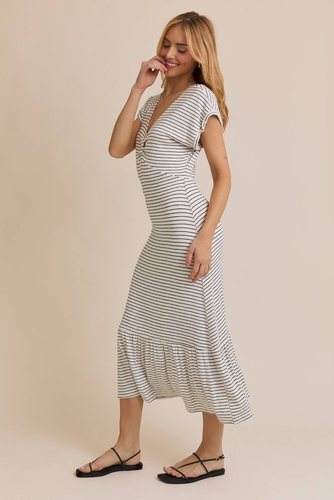V-NECK SHORT SLEEVE STRIPE DRESS for wholesale on Faire2