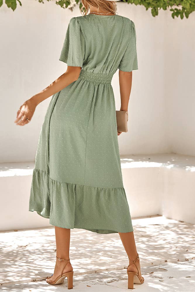 UNISHE - Wholesale Dress - Women's - Swiss Dot V Neck Ruffle Sleeves Dress SN16010