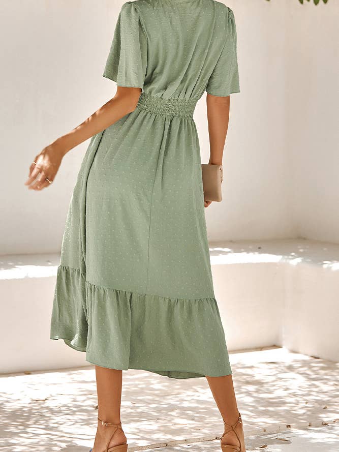 UNISHE - Wholesale Dress - Women's - Swiss Dot V Neck Ruffle Sleeves Dress SN16010